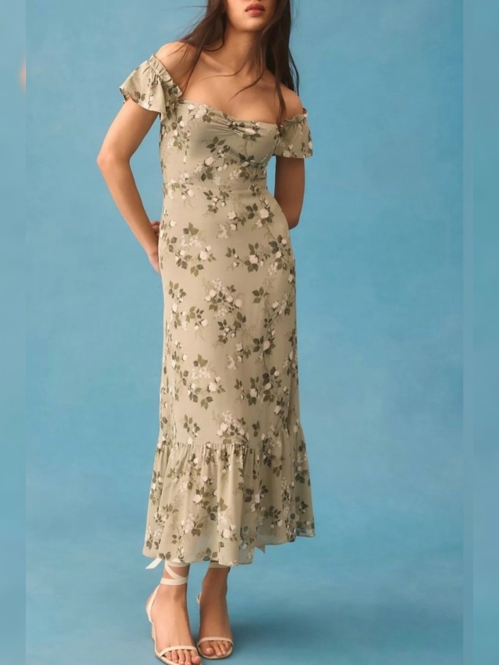 Reformation Olive Green Floral Off-Shoulder Midi Dress Sz 10